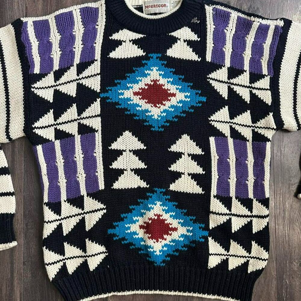 Vtg McGregor Knit Sweater Geo Abstract Native Print Pullover Crewneck Sz Large - Picture 4 of 7